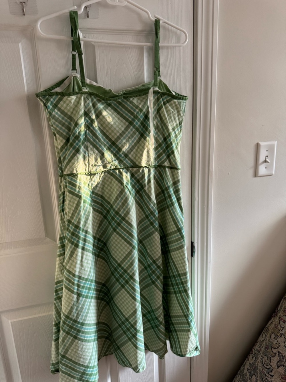 VINTAGE Gingham Strapless 90s Midi Dress Green 100% Cotton Size 14 - Picture 6 of 13